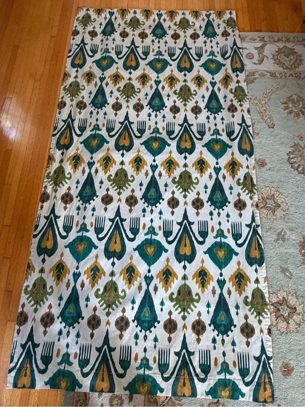 2 World Market Ikat curtain panels 46x90 + tiebacks